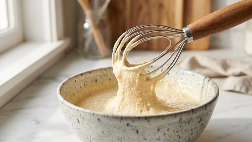 Close-up of a Danish dough whisk being lifted from a ceramic bowl of thick, airy muffin batter on a white marble countertop, bathed in soft morning sunlight.