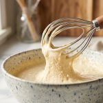 Close-up of a Danish dough whisk being lifted from a ceramic bowl of thick, airy muffin batter on a white marble countertop, bathed in soft morning sunlight.