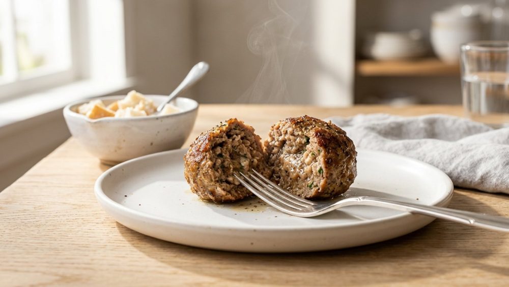 **Alt text:** A close-up photograph of a juicy meatball split in half by a silver fork on a white plate, revealing a moist, steaming interior in warm, natural kitchen light.