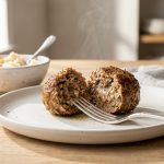 **Alt text:** A close-up photograph of a juicy meatball split in half by a silver fork on a white plate, revealing a moist, steaming interior in warm, natural kitchen light.
