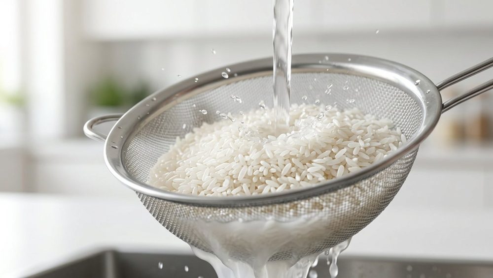 **Alt text:** Close-up of uncooked white jasmine rice being rinsed in a stainless steel colander under running water, with cloudy, starchy water draining out.