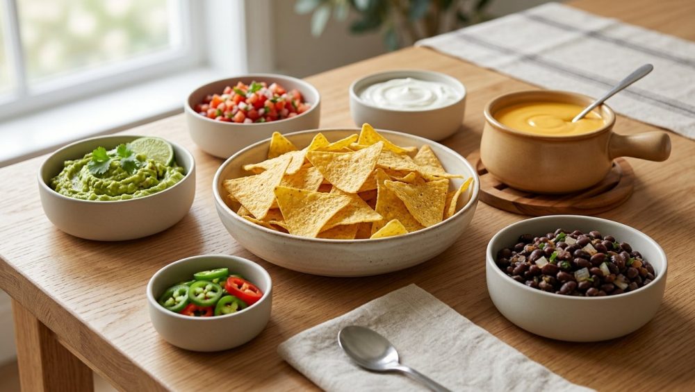 An elegant, deconstructed DIY nacho bar arranged on a light wood table, featuring a central bowl of crispy tortilla chips surrounded by smaller bowls of fresh toppings and a warm pot of melted cheese sauce.