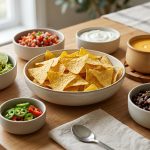 An elegant, deconstructed DIY nacho bar arranged on a light wood table, featuring a central bowl of crispy tortilla chips surrounded by smaller bowls of fresh toppings and a warm pot of melted cheese sauce.
