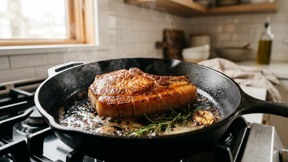**Alt text:** A thick-cut pork chop with a golden-brown caramelized crust sears in a hot cast-iron skillet, surrounded by bubbling butter, a rosemary sprig, and garlic under warm kitchen light.