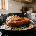 **Alt text:** A thick-cut pork chop with a golden-brown caramelized crust sears in a hot cast-iron skillet, surrounded by bubbling butter, a rosemary sprig, and garlic under warm kitchen light.