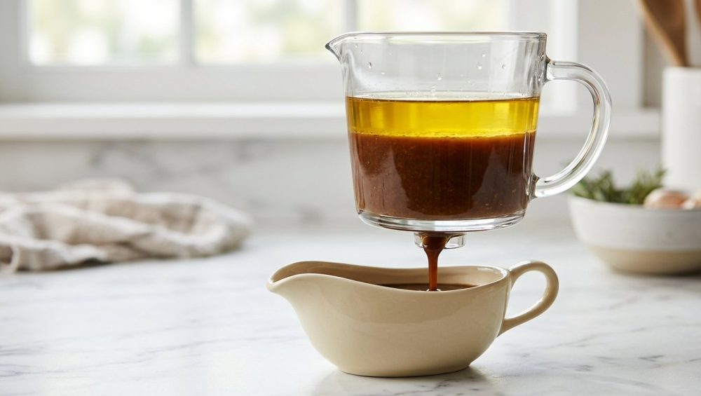 **Alt text:** A glass fat separator on a white marble countertop shows a layer of golden fat floating above a dark brown gravy, which pours from the bottom release valve into a ceramic gravy boat.