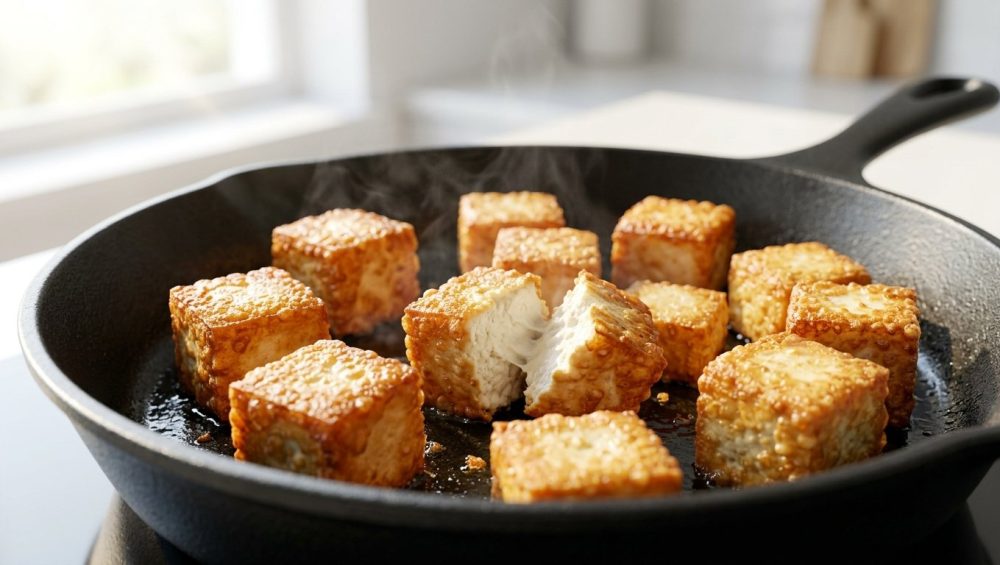 **Alt text:** A close-up photograph of crispy, golden-brown tofu cubes sizzling in a cast-iron skillet. One cube is split open to reveal a steaming, soft white interior, illuminated by soft morning light.