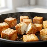 **Alt text:** A close-up photograph of crispy, golden-brown tofu cubes sizzling in a cast-iron skillet. One cube is split open to reveal a steaming, soft white interior, illuminated by soft morning light.