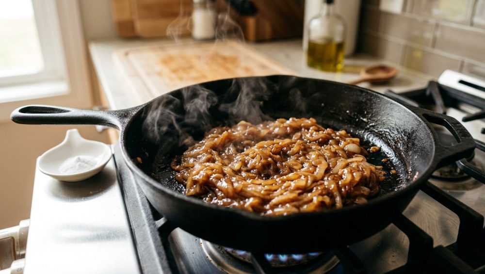 **Alt text:** A close-up of deeply caramelized, glistening amber-brown onions cooking in a black cast-iron skillet on a modern stovetop, with gentle steam rising.