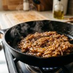 **Alt text:** A close-up of deeply caramelized, glistening amber-brown onions cooking in a black cast-iron skillet on a modern stovetop, with gentle steam rising.