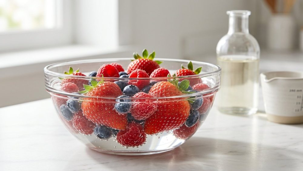 **Alt text:** A bright, close-up photograph of fresh strawberries, blueberries, and raspberries soaking in a clear glass bowl of water on a marble countertop. Tiny bubbles cling to the fruit, with a bottle of vinegar in the softly blurred background.