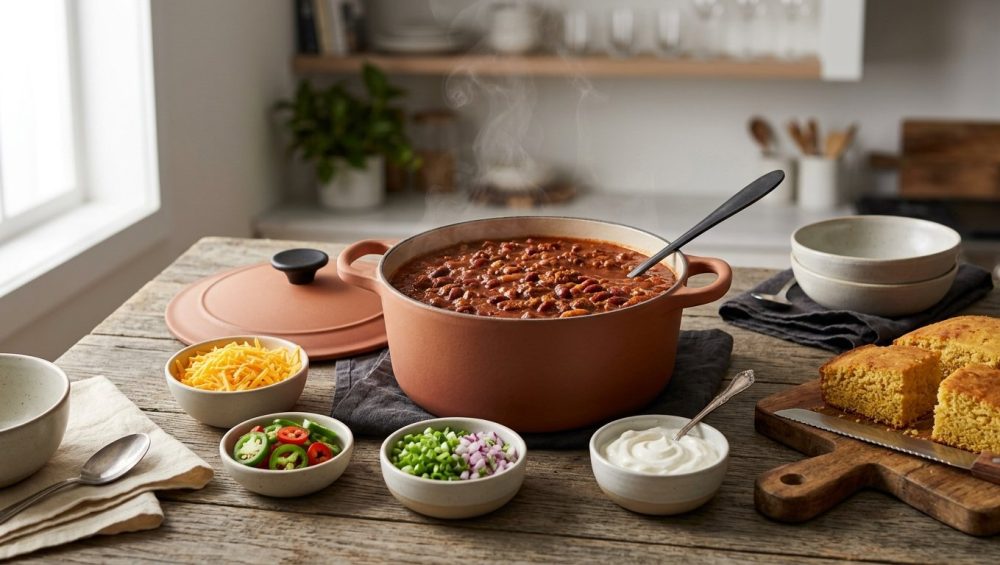 **Alt text:** A cozy DIY chili bar on a rustic wooden table, featuring a steaming ceramic pot of rich beef chili surrounded by neat bowls of shredded cheese, sliced jalapeños, scallions, sour cream, and golden cornbread.
