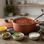 **Alt text:** A cozy DIY chili bar on a rustic wooden table, featuring a steaming ceramic pot of rich beef chili surrounded by neat bowls of shredded cheese, sliced jalapeños, scallions, sour cream, and golden cornbread.