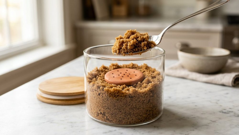 **Alt text:** A silver spoon scooping moist, golden-brown sugar from a glass canister on a marble countertop, with a round terracotta clay disk nestled in the sugar against a soft-focus, sunlit kitchen background.