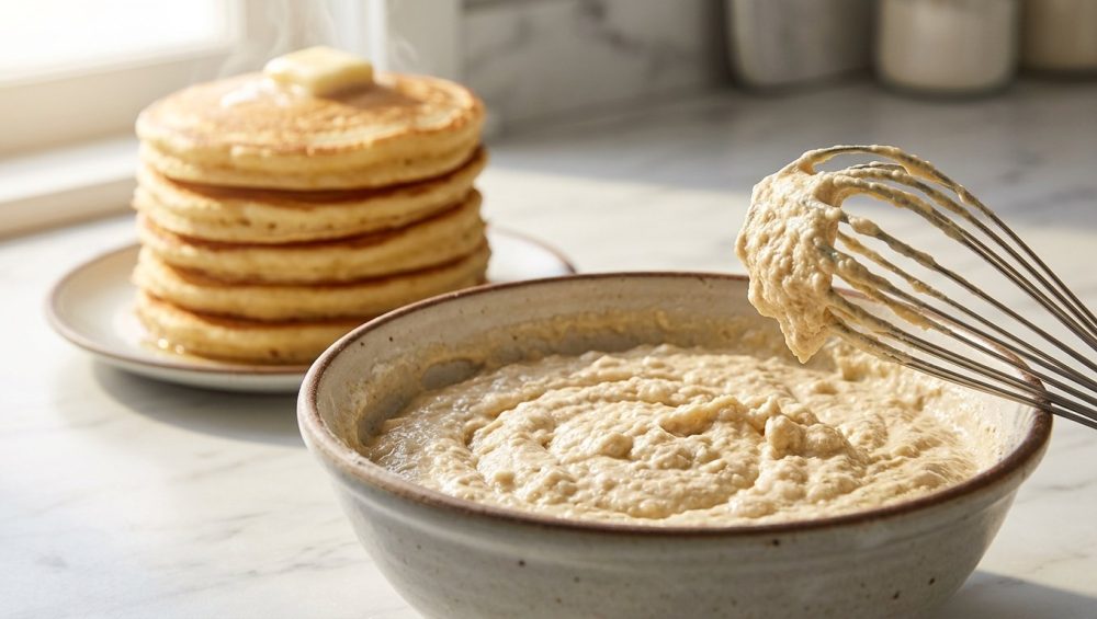 **Alt text:** Close-up of thick, lumpy pancake batter in a mixing bowl with a whisk, with a tall, fluffy stack of golden-brown pancakes in the soft-focus background on a sunlit countertop.