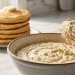 **Alt text:** Close-up of thick, lumpy pancake batter in a mixing bowl with a whisk, with a tall, fluffy stack of golden-brown pancakes in the soft-focus background on a sunlit countertop.