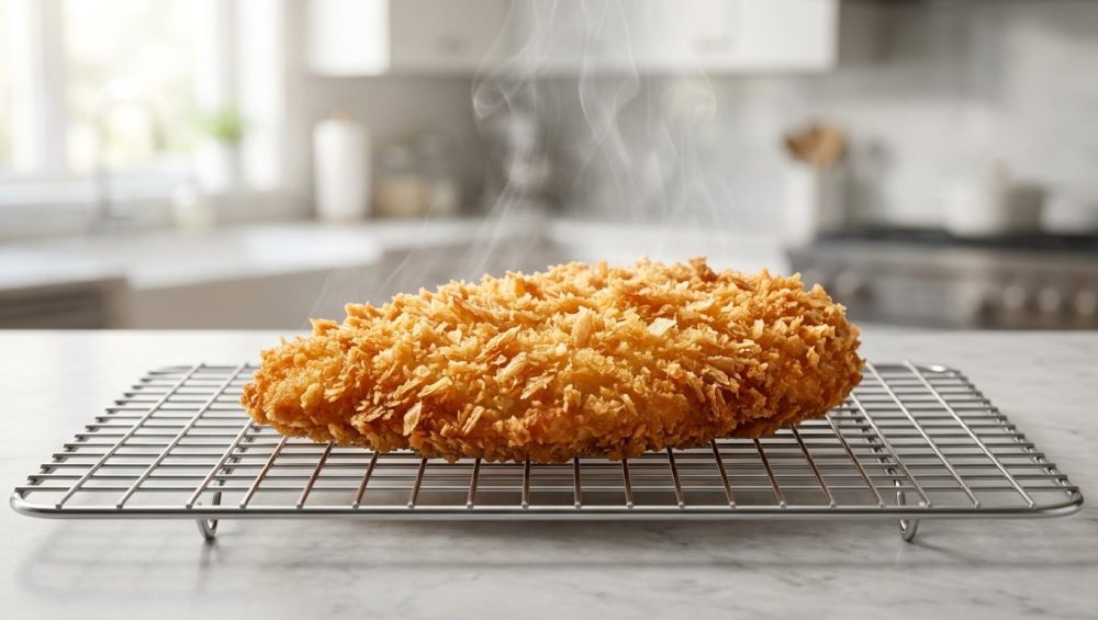 **Alt text:** A crispy, golden-brown breaded chicken cutlet rests on a wire cooling rack on a marble countertop, with faint steam rising in a bright, sunlit kitchen.