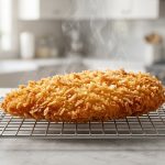 **Alt text:** A crispy, golden-brown breaded chicken cutlet rests on a wire cooling rack on a marble countertop, with faint steam rising in a bright, sunlit kitchen.