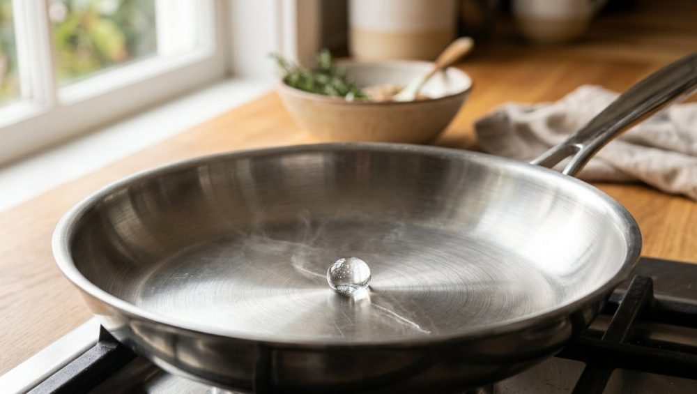 **Alt text:** A macro close-up of a single water droplet hovering on a hot, brushed stainless steel skillet, demonstrating the Leidenfrost effect against a softly blurred kitchen background.