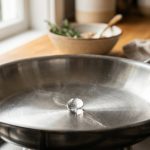 **Alt text:** A macro close-up of a single water droplet hovering on a hot, brushed stainless steel skillet, demonstrating the Leidenfrost effect against a softly blurred kitchen background.