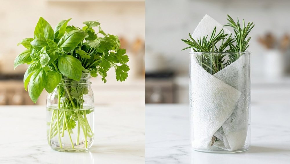 A split-image showing two herb preservation methods on a marble countertop: fresh basil and cilantro in a jar of water on the left, and rosemary wrapped in a damp paper towel in a chilled glass container on the right.