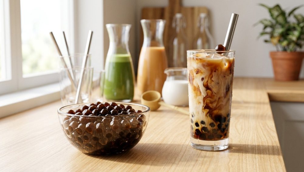 **Alt text:** A minimalist DIY bubble tea station bathed in warm morning light. In the foreground, a bowl of glossy tapioca pearls sits beside a tall glass of iced milk tea with marbled swirls. Carafes of matcha and tea are softly blurred in the background.