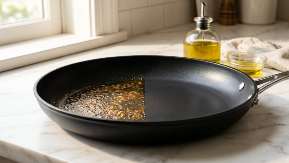 A close-up photograph of a black nonstick skillet on a white marble countertop, with its surface split to show one half covered in sticky, amber-colored baked-on residue and the other half pristine and smooth.