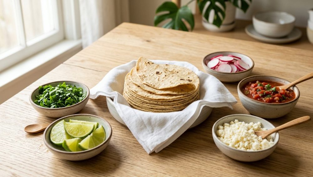 An editorial food photo of taco prep on a light wooden table. A stack of soft corn tortillas wrapped in a white linen cloth is in sharp focus, surrounded by softly blurred bowls of fresh lime, cilantro, and radishes.