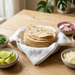 An editorial food photo of taco prep on a light wooden table. A stack of soft corn tortillas wrapped in a white linen cloth is in sharp focus, surrounded by softly blurred bowls of fresh lime, cilantro, and radishes.