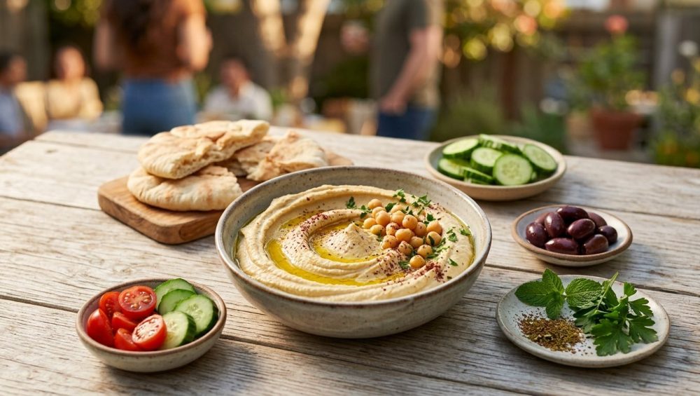 **Alt text:** A vibrant Mediterranean mezze spread on a rustic wooden table, featuring a central bowl of creamy hummus topped with olive oil, surrounded by pita bread, olives, and fresh vegetables in warm afternoon sunlight.