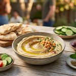 **Alt text:** A vibrant Mediterranean mezze spread on a rustic wooden table, featuring a central bowl of creamy hummus topped with olive oil, surrounded by pita bread, olives, and fresh vegetables in warm afternoon sunlight.