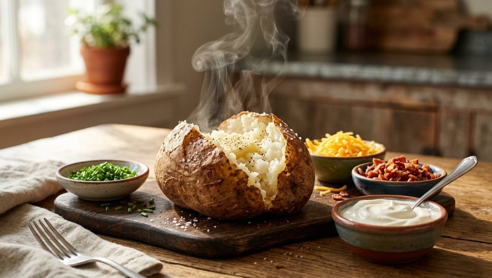**Alt Text:** A steaming baked potato split open on a wooden table, surrounded by small bowls of chives, shredded cheese, bacon, and sour cream in a bright, sunlit kitchen.