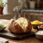 **Alt Text:** A steaming baked potato split open on a wooden table, surrounded by small bowls of chives, shredded cheese, bacon, and sour cream in a bright, sunlit kitchen.