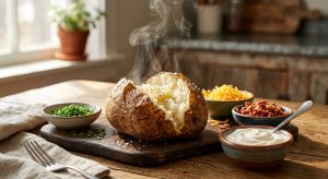 **Alt Text:** A steaming baked potato split open on a wooden table, surrounded by small bowls of chives, shredded cheese, bacon, and sour cream in a bright, sunlit kitchen.