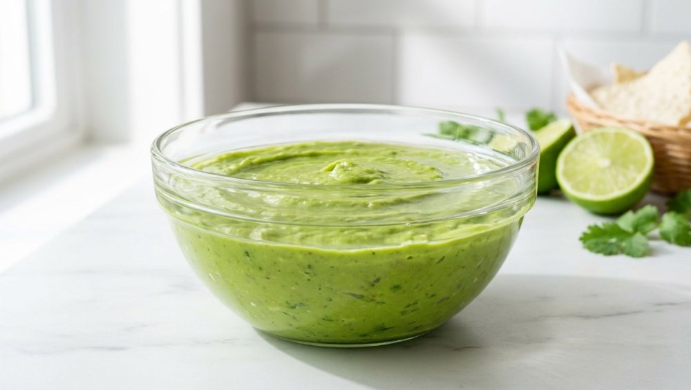 **Alt text:** A professional culinary photograph of a clear glass bowl filled with vibrant green guacamole on a white marble countertop. A thin, glistening layer of clear water rests flat on top of the guacamole as a protective seal, catching soft reflections of light. The background is softly blurred with a fresh lime half and cilantro sprigs under bright, natural window light.