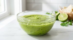 **Alt text:** A professional culinary photograph of a clear glass bowl filled with vibrant green guacamole on a white marble countertop. A thin, glistening layer of clear water rests flat on top of the guacamole as a protective seal, catching soft reflections of light. The background is softly blurred with a fresh lime half and cilantro sprigs under bright, natural window light.