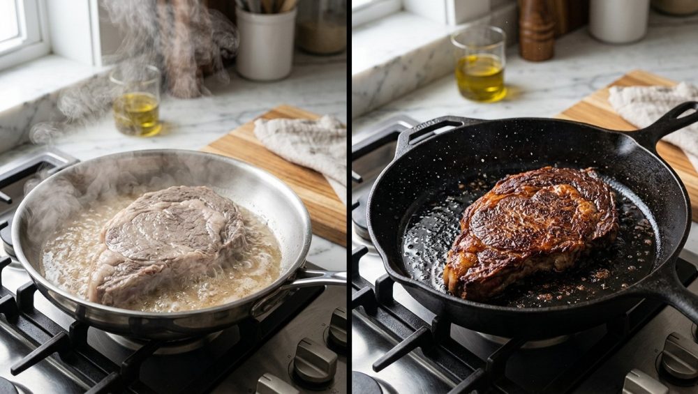 A split-screen comparison of two cooking steaks: on the left, a pale, gray steak boiling in wet steam and juices; on the right, a perfectly seared steak with a rich, caramelized mahogany-brown crust in a hot cast-iron skillet.