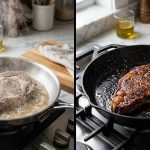 A split-screen comparison of two cooking steaks: on the left, a pale, gray steak boiling in wet steam and juices; on the right, a perfectly seared steak with a rich, caramelized mahogany-brown crust in a hot cast-iron skillet.