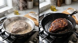 A split-screen comparison of two cooking steaks: on the left, a pale, gray steak boiling in wet steam and juices; on the right, a perfectly seared steak with a rich, caramelized mahogany-brown crust in a hot cast-iron skillet.