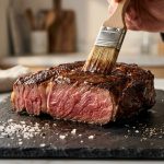 **Alt text:** A juicy, medium-rare steak sliced in half on a dark slate board, with a pastry brush applying a glossy glaze to its seared crust.