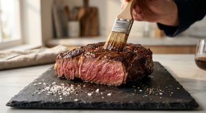 **Alt text:** A juicy, medium-rare steak sliced in half on a dark slate board, with a pastry brush applying a glossy glaze to its seared crust.