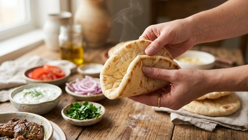 A warm, pliable pita bread is gently folded, releasing a faint wisp of steam, with blurred bowls of fresh gyro ingredients on a sunlit wooden table in the background.