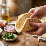 A warm, pliable pita bread is gently folded, releasing a faint wisp of steam, with blurred bowls of fresh gyro ingredients on a sunlit wooden table in the background.