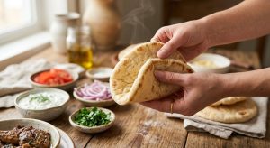 A warm, pliable pita bread is gently folded, releasing a faint wisp of steam, with blurred bowls of fresh gyro ingredients on a sunlit wooden table in the background.