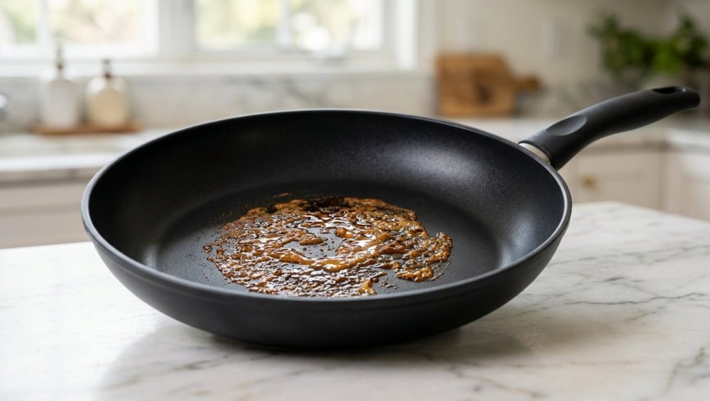 **Alt text:** A close-up of a matte-black nonstick skillet on a marble countertop, featuring a sticky, amber-colored patch of caramelized residue on its surface.
