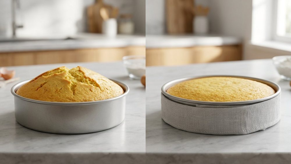 **Alt text:** A side-by-side comparison of two cakes on a marble countertop. The left cake has baked unevenly with a high, cracked dome. The right cake is perfectly flat, with its pan wrapped in a fabric cake strip.