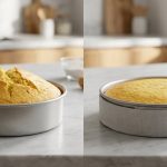 **Alt text:** A side-by-side comparison of two cakes on a marble countertop. The left cake has baked unevenly with a high, cracked dome. The right cake is perfectly flat, with its pan wrapped in a fabric cake strip.