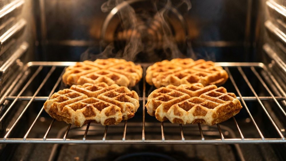 **Alt text:** A close-up of golden-brown Belgian waffles on a wire rack inside a warm oven, with gentle steam rising from their crispy edges.