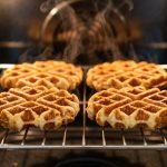 **Alt text:** A close-up of golden-brown Belgian waffles on a wire rack inside a warm oven, with gentle steam rising from their crispy edges.