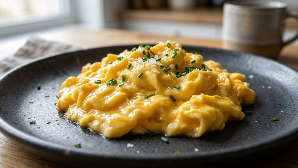 **Alt text:** Soft, pillowy scrambled eggs sprinkled with flaky sea salt on a matte charcoal-grey plate, illuminated by soft morning light.